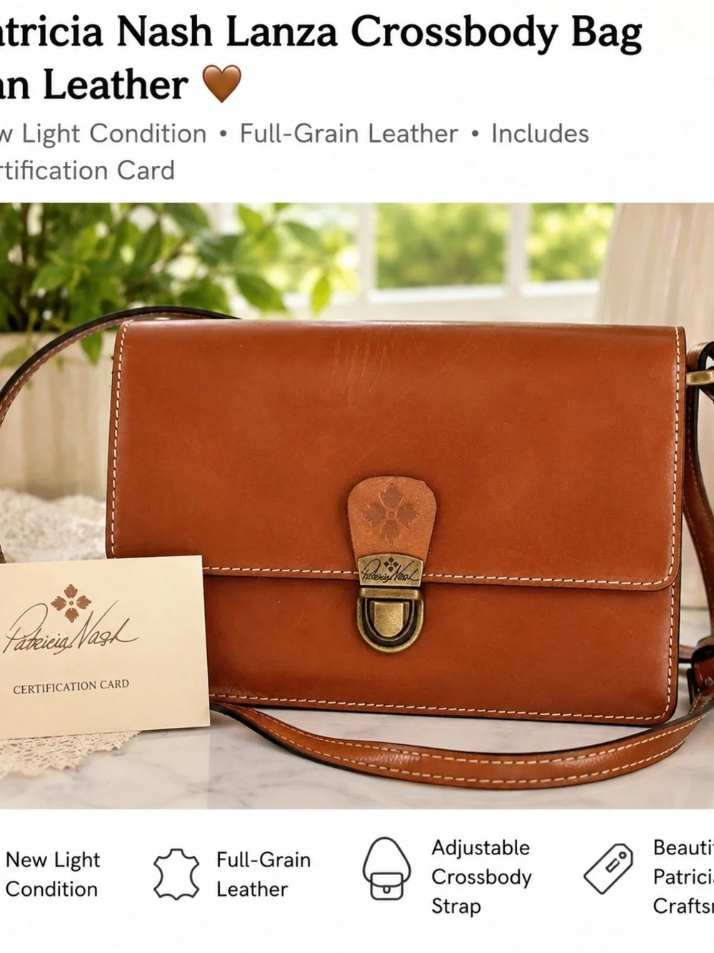 Patricia Nash Lanza Crossbody Bag Tan 100% Leather Organizer Purse Cert Card
